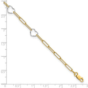 14K Two-tone 5 Hearts and Paperclip Links Anklet Plus Extender