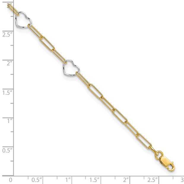 14K Two-tone 5 Hearts and Paperclip Links Anklet Plus Extender