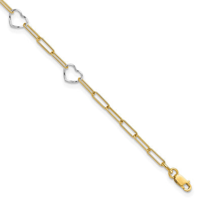 14K Two-tone 5 Hearts and Paperclip Links Anklet Plus Extender