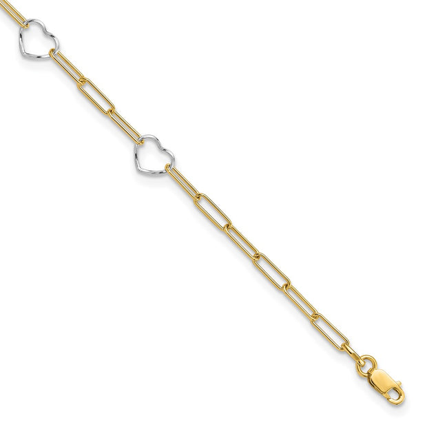 14K Two-tone 5 Hearts and Paperclip Links Anklet Plus Extender