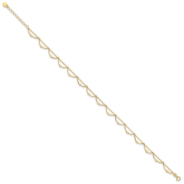 14K Polished and Diamond-cut Fancy Beaded Anklet Plus Heart Dangle Extender