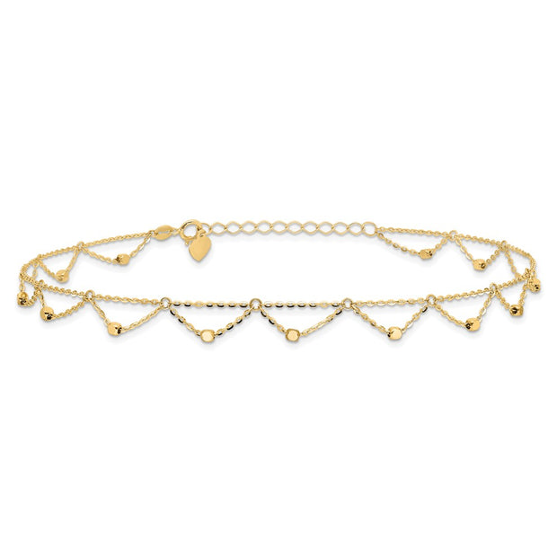 14K Polished and Diamond-cut Fancy Beaded Anklet Plus Heart Dangle Extender