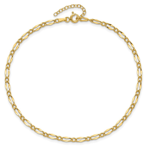 14K Polished Fancy Link Chain Anklet Plus Extender