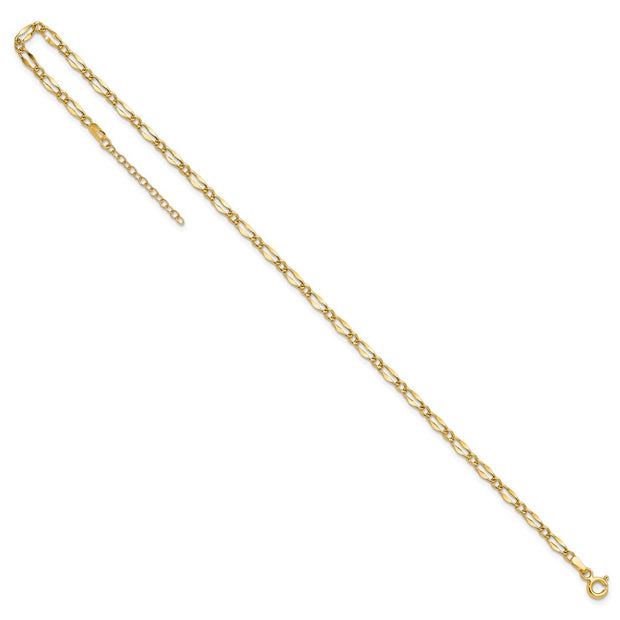 14K Polished Fancy Link Chain Anklet Plus Extender