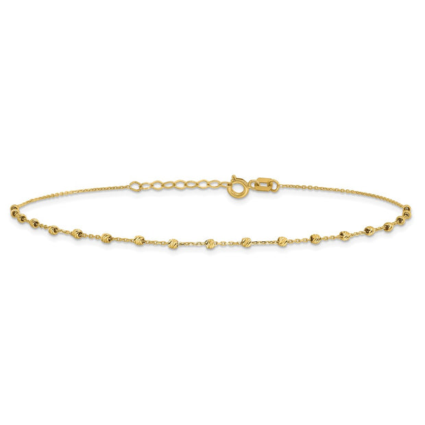 14K Polished Diamond-cut Bead and Chain Anklet Plus Extender