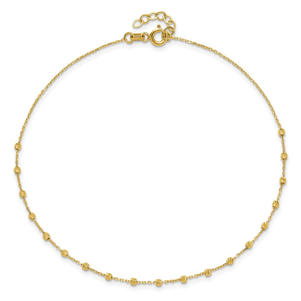 14K Polished Diamond-cut Bead and Chain Anklet Plus Extender