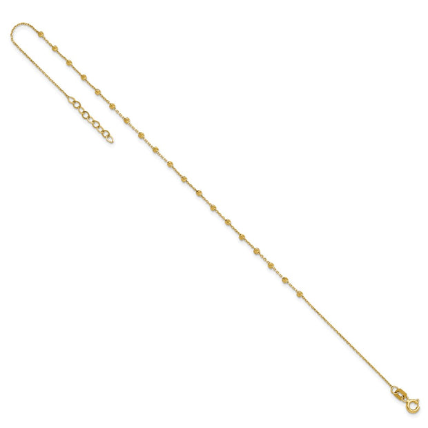 14K Polished Diamond-cut Bead and Chain Anklet Plus Extender