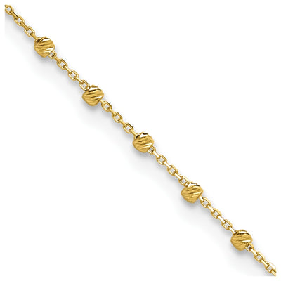 14K Polished Diamond-cut Bead and Chain Anklet Plus Extender