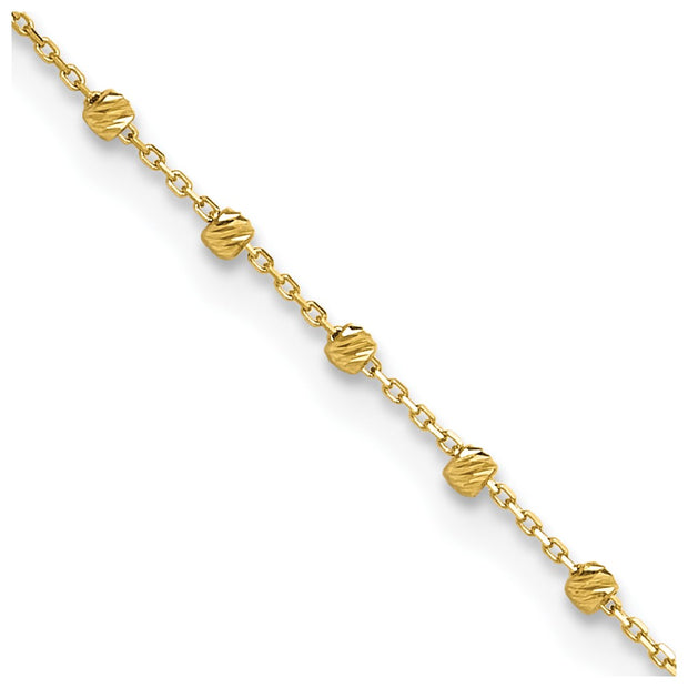 14K Polished Diamond-cut Bead and Chain Anklet Plus Extender