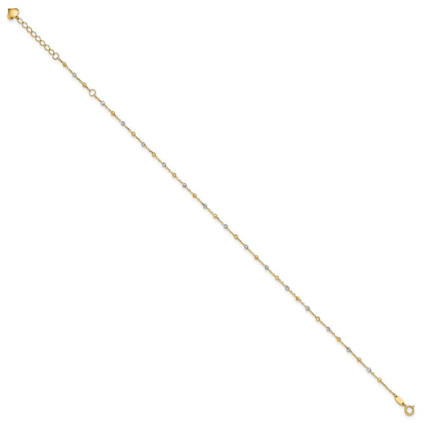 14K Two-tone Polished Diamond-cut Bead and Chain Anklet Plus Heart Dangle Extender
