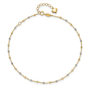 14K Two-tone Polished Diamond-cut Bead and Chain Anklet Plus Heart Dangle Extender
