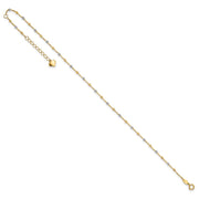 14K Two-tone Polished Diamond-cut Bead and Chain Anklet Plus Heart Dangle Extender