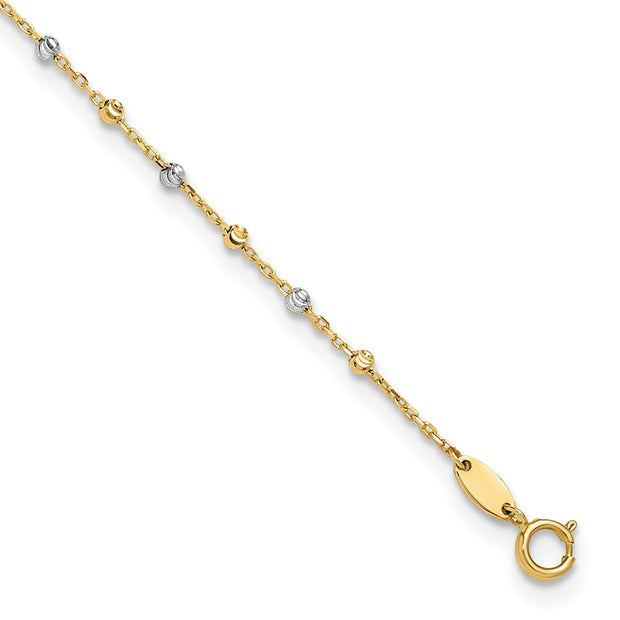 14K Two-tone Polished Diamond-cut Bead and Chain Anklet Plus Heart Dangle Extender