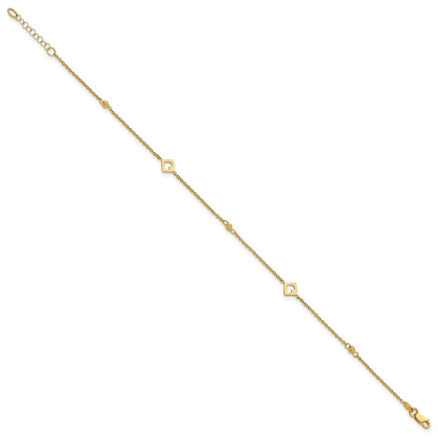 14k Polished Cut-out Hearts and Diamond-cut Beads Anklet Plus Extender