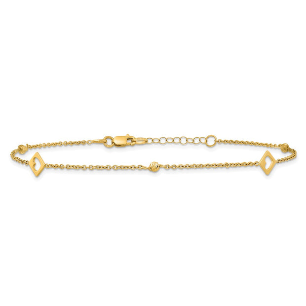 14k Polished Cut-out Hearts and Diamond-cut Beads Anklet Plus Extender