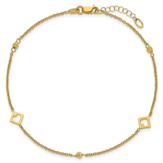 14k Polished Cut-out Hearts and Diamond-cut Beads Anklet Plus Extender