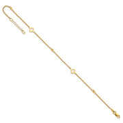 14k Polished Cut-out Hearts and Diamond-cut Beads Anklet Plus Extender