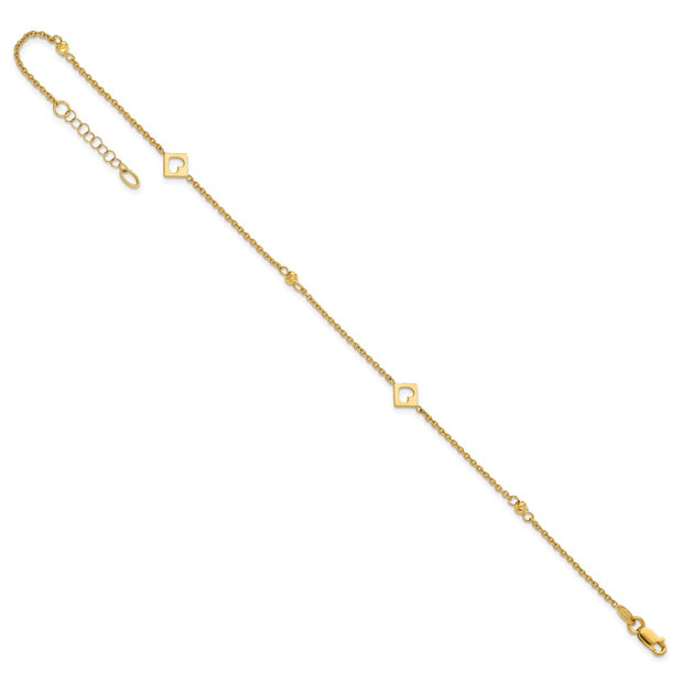 14k Polished Cut-out Hearts and Diamond-cut Beads Anklet Plus Extender