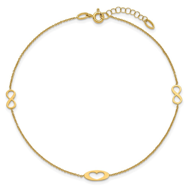 14k Polished Infinity and Heart Anklet with Extender