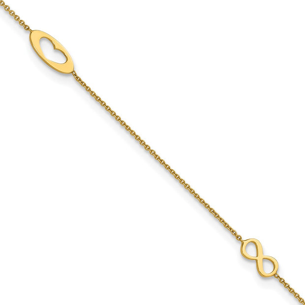 14k Polished Infinity and Heart Anklet with Extender