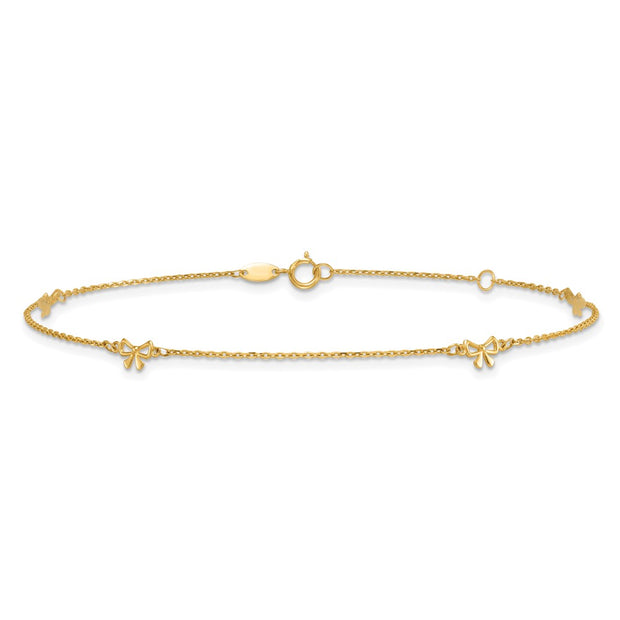 14k Polished Bows 4-station Anklet Plus Extender