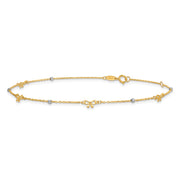 14k Two-tone Polished Diamond-cut Beads and Bows Anklet Plus Extender