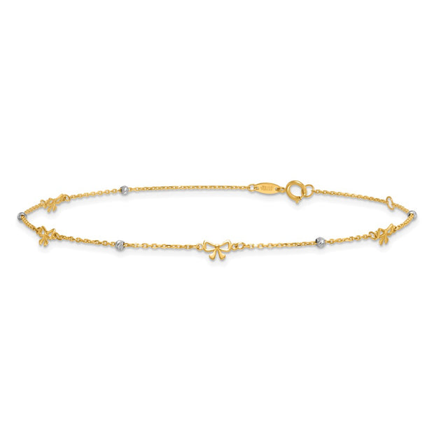 14k Two-tone Polished Diamond-cut Beads and Bows Anklet Plus Extender