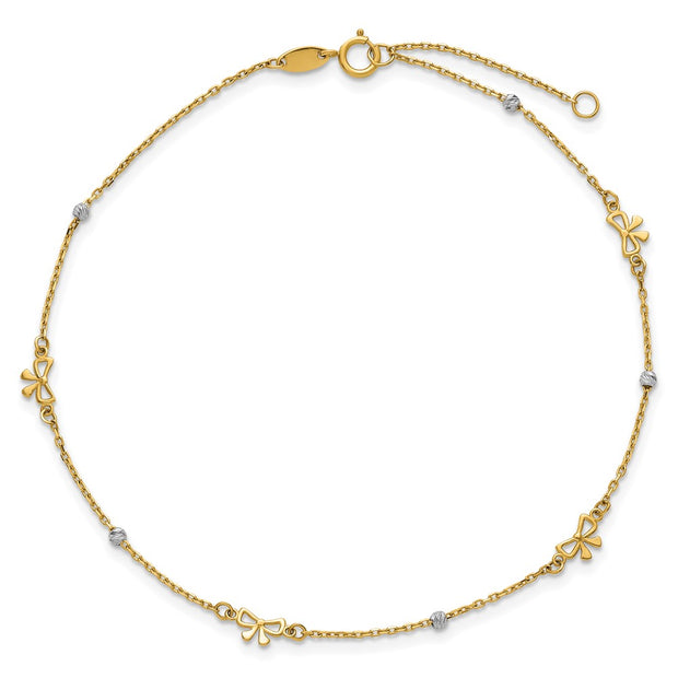 14k Two-tone Polished Diamond-cut Beads and Bows Anklet Plus Extender