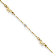 14k Two-tone Polished Diamond-cut Beads and Bows Anklet Plus Extender