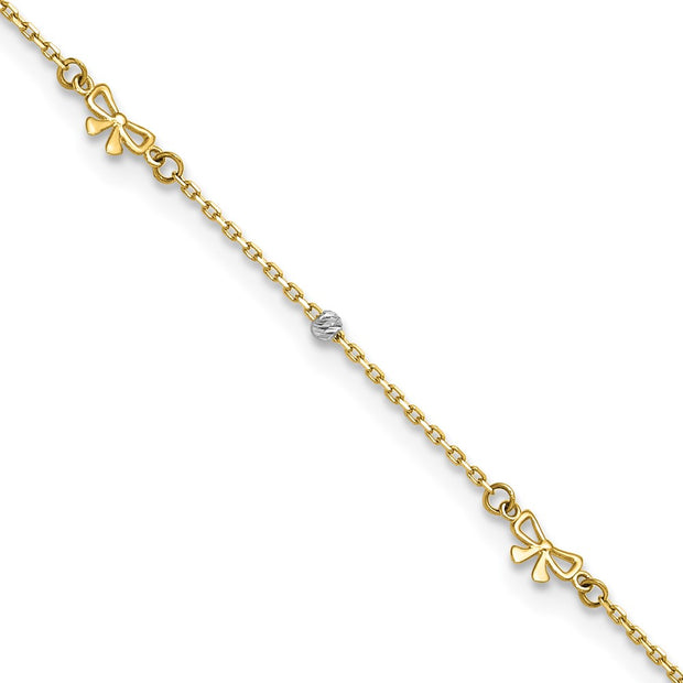 14k Two-tone Polished Diamond-cut Beads and Bows Anklet Plus Extender