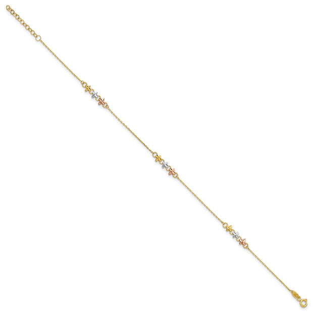 14K Two-tone with White Rhodium 3-Station Flowers Anklet Plus Extender