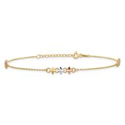 14K Two-tone with White Rhodium 3-Station Flowers Anklet Plus Extender