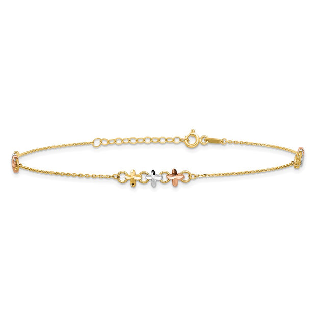 14K Two-tone with White Rhodium 3-Station Flowers Anklet Plus Extender