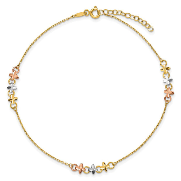 14K Two-tone with White Rhodium 3-Station Flowers Anklet Plus Extender