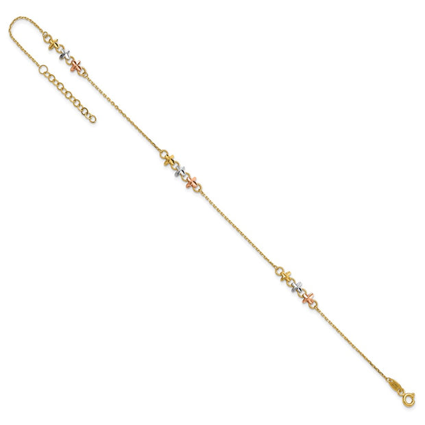 14K Two-tone with White Rhodium 3-Station Flowers Anklet Plus Extender