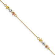 14K Two-tone with White Rhodium 3-Station Flowers Anklet Plus Extender