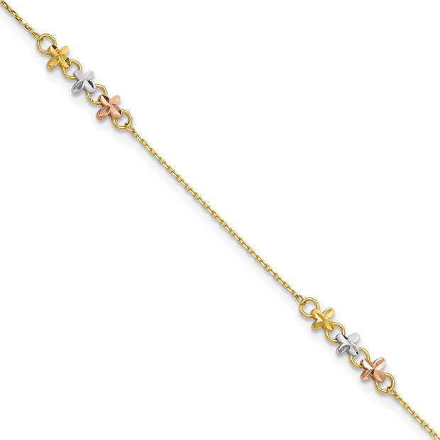 14K Two-tone with White Rhodium 3-Station Flowers Anklet Plus Extender