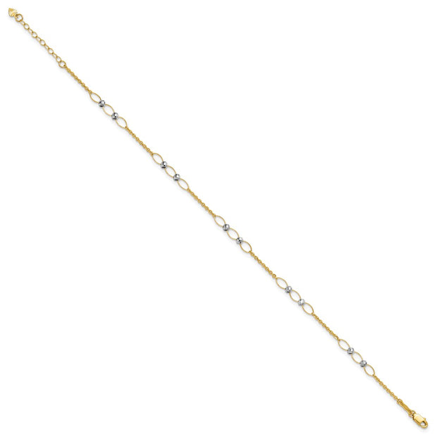 14k Two-tone Polished Oval Links and Faceted Beads Anklet Plus Heart Dangle Extender