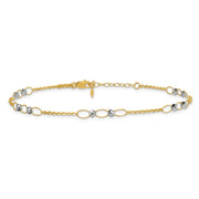 14k Two-tone Polished Oval Links and Faceted Beads Anklet Plus Heart Dangle Extender