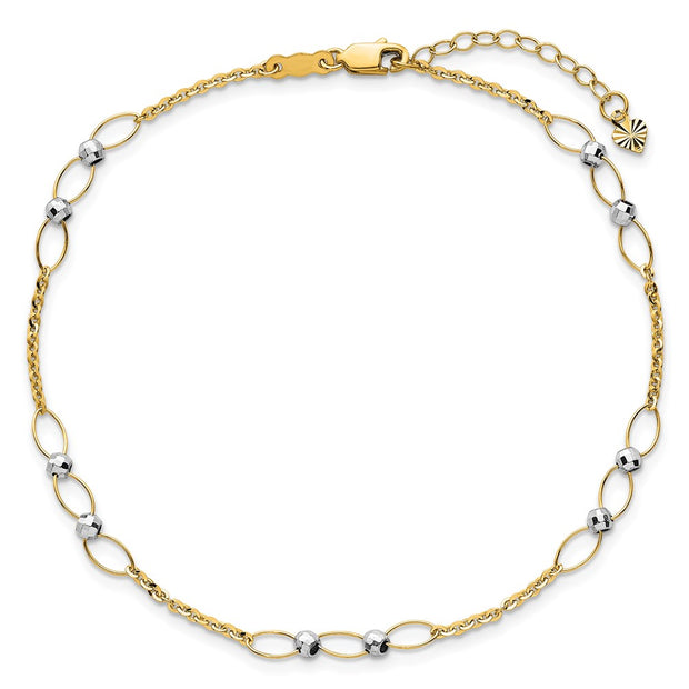14k Two-tone Polished Oval Links and Faceted Beads Anklet Plus Heart Dangle Extender