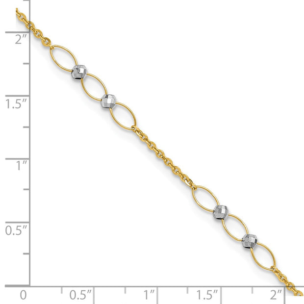 14k Two-tone Polished Oval Links and Faceted Beads Anklet Plus Heart Dangle Extender