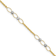 14k Two-tone Polished Oval Links and Faceted Beads Anklet Plus Heart Dangle Extender