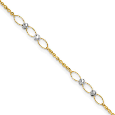 14k Two-tone Polished Oval Links and Faceted Beads Anklet Plus Heart Dangle Extender