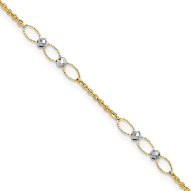14k Two-tone Polished Oval Links and Faceted Beads Anklet Plus Heart Dangle Extender