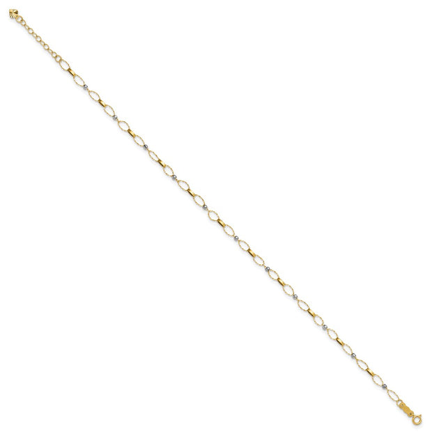 14k Two-tone Polished and Twisted Fancy Oval Links and Mirror Beads Anklet Plus Heart Dangle Extender