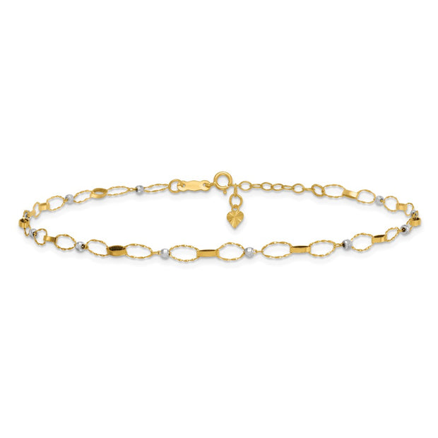 14k Two-tone Polished and Twisted Fancy Oval Links and Mirror Beads Anklet Plus Heart Dangle Extender