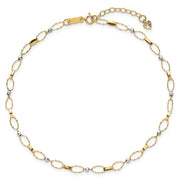 14k Two-tone Polished and Twisted Fancy Oval Links and Mirror Beads Anklet Plus Heart Dangle Extender