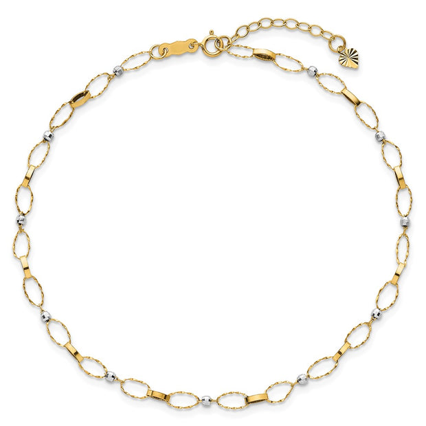 14k Two-tone Polished and Twisted Fancy Oval Links and Mirror Beads Anklet Plus Heart Dangle Extender