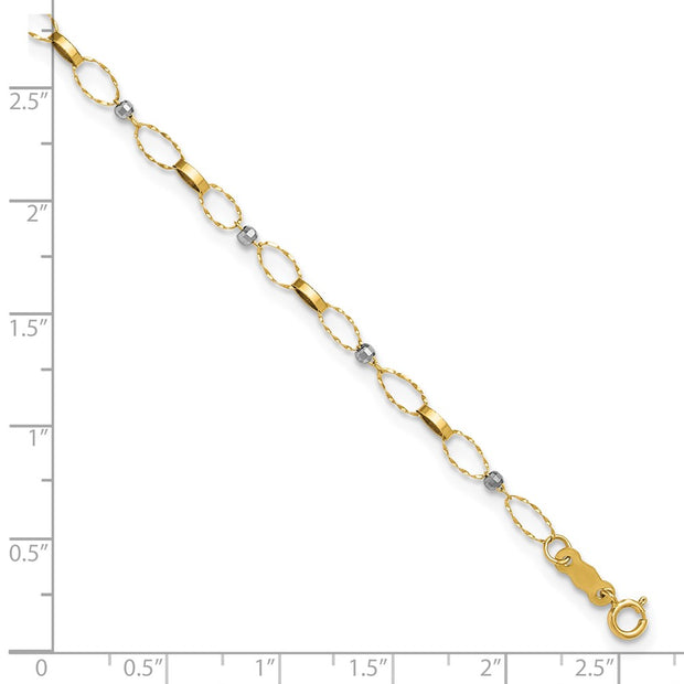 14k Two-tone Polished and Twisted Fancy Oval Links and Mirror Beads Anklet Plus Heart Dangle Extender