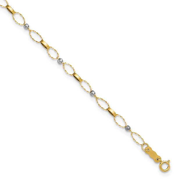 14k Two-tone Polished and Twisted Fancy Oval Links and Mirror Beads Anklet Plus Heart Dangle Extender
